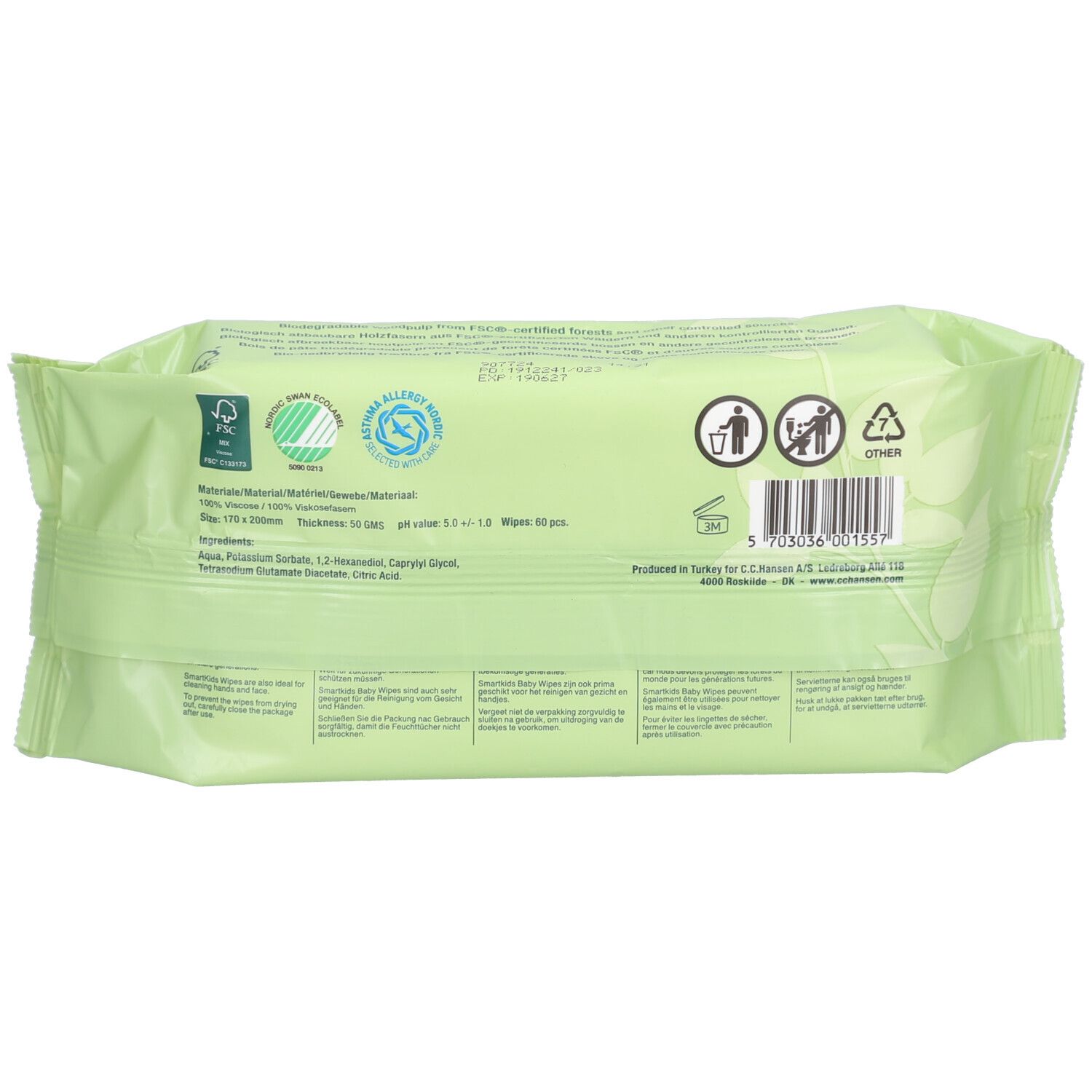 Dos de l'emballage vert clair. Contient des informations sur les ingrédients et les certifications. Certifié FSC.