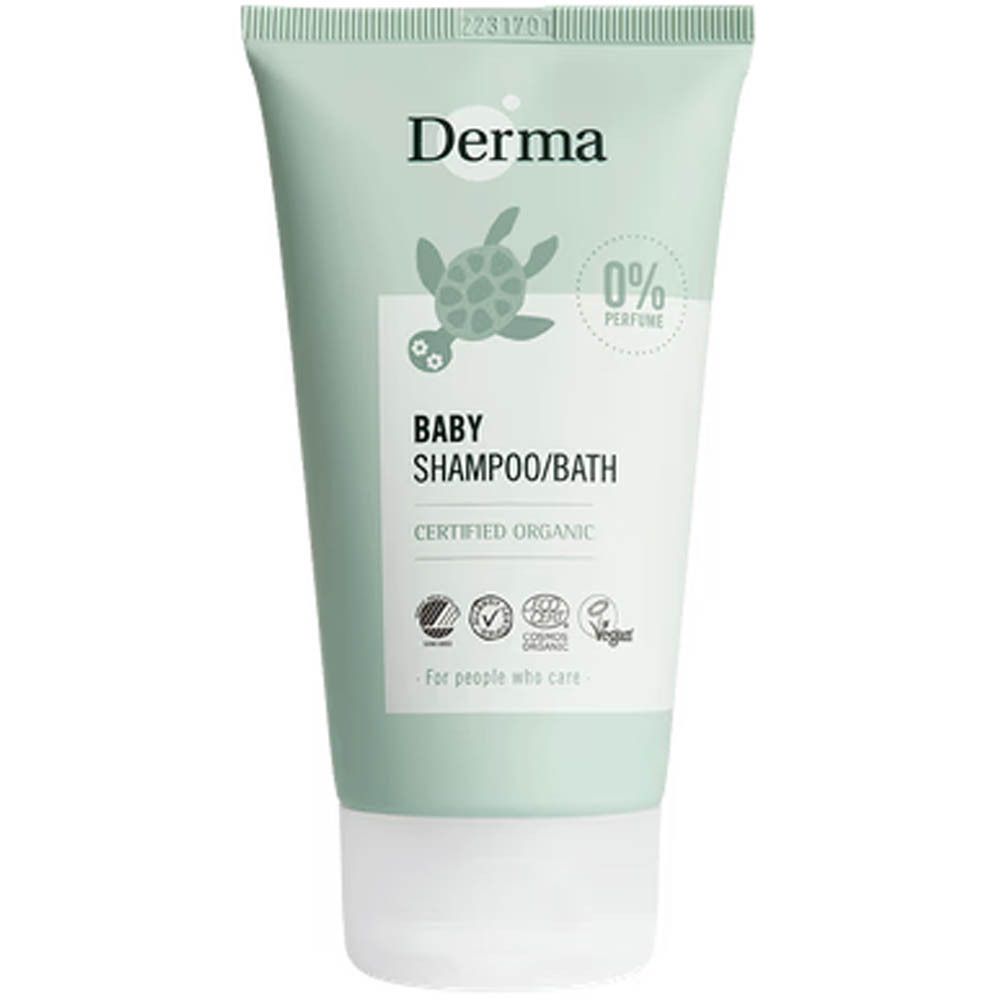 Tube vert clair avec bouchon blanc. Inscription "Derma", tortue, "Baby Shampoo/Bath", "Certified Organic", "0% Perfume", label Vegan.