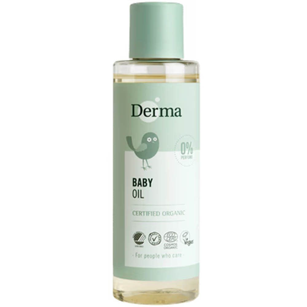 Babyolie fles met groen etiket. Opschrift: Derma, Baby Oil/Huile, 0% Parfum. Gecertificeerd biologisch. Vogel illustratie.