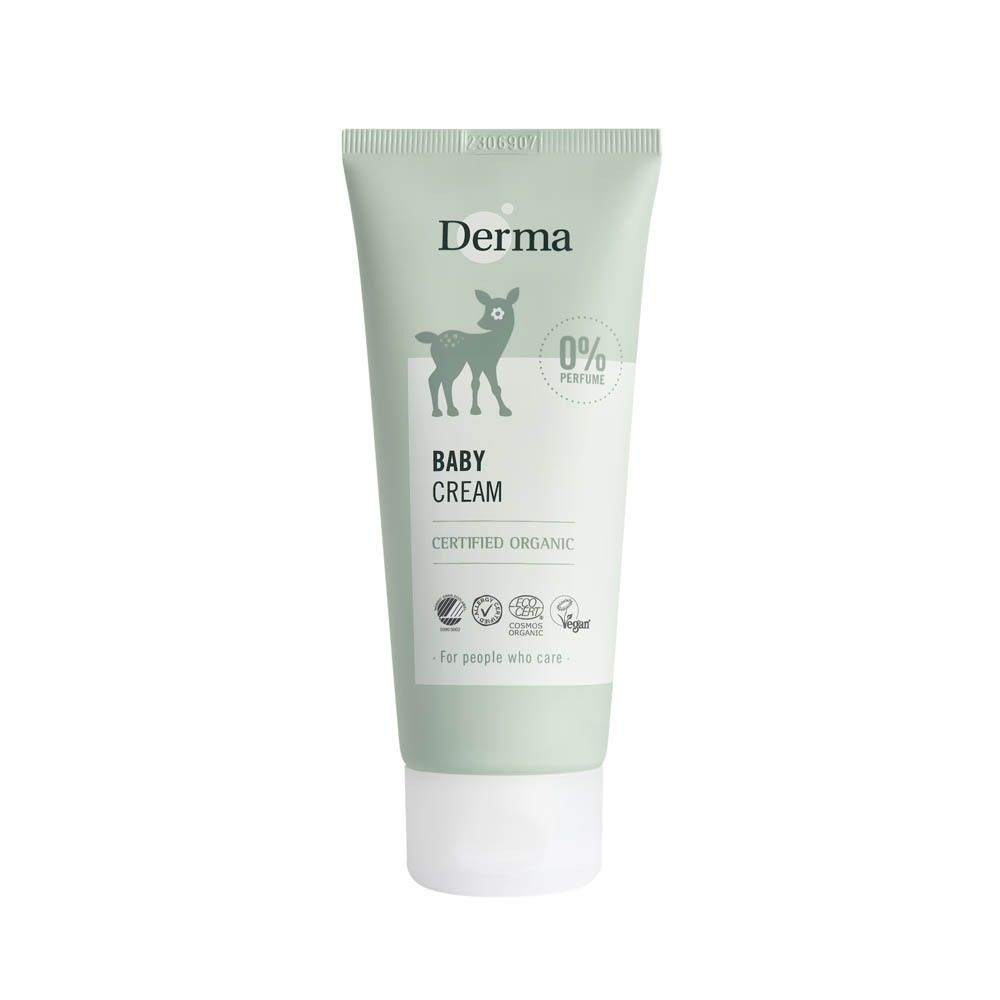 Lichtgroene tube met witte dop. Opschrift "Derma", silhouet van een hertje, "Baby Cream", "Certified Organic" en "0% Perfume".