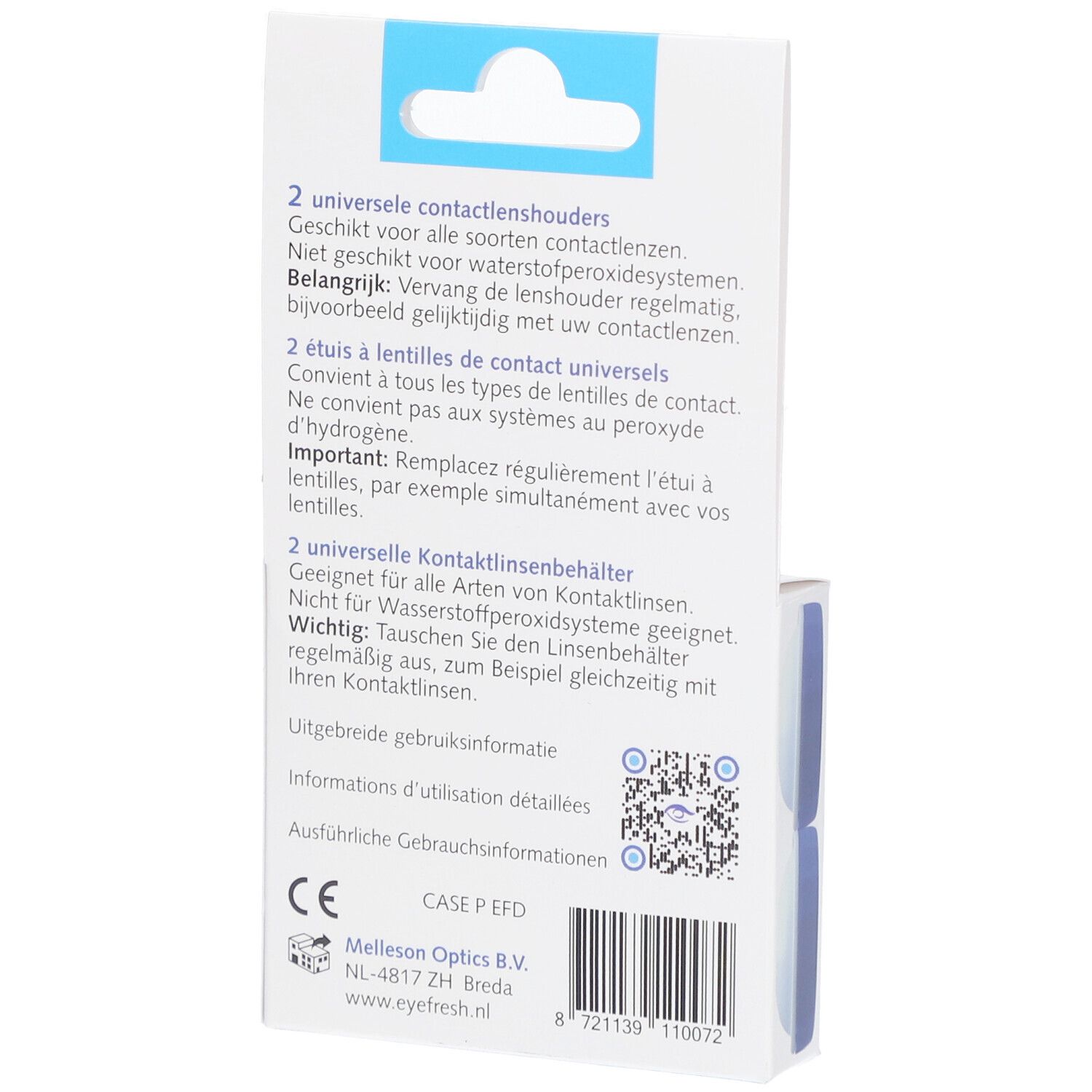 Dos de l'emballage avec texte. Informations sur les étuis à lentilles. Marque CE et code QR.