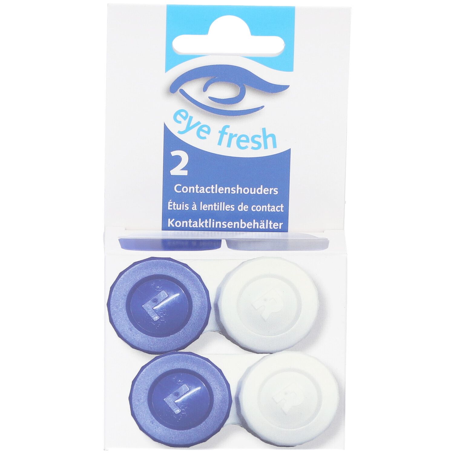 Emballage avec deux étuis à lentilles. Étuis bleus et blancs visibles. Logo eye fresh.