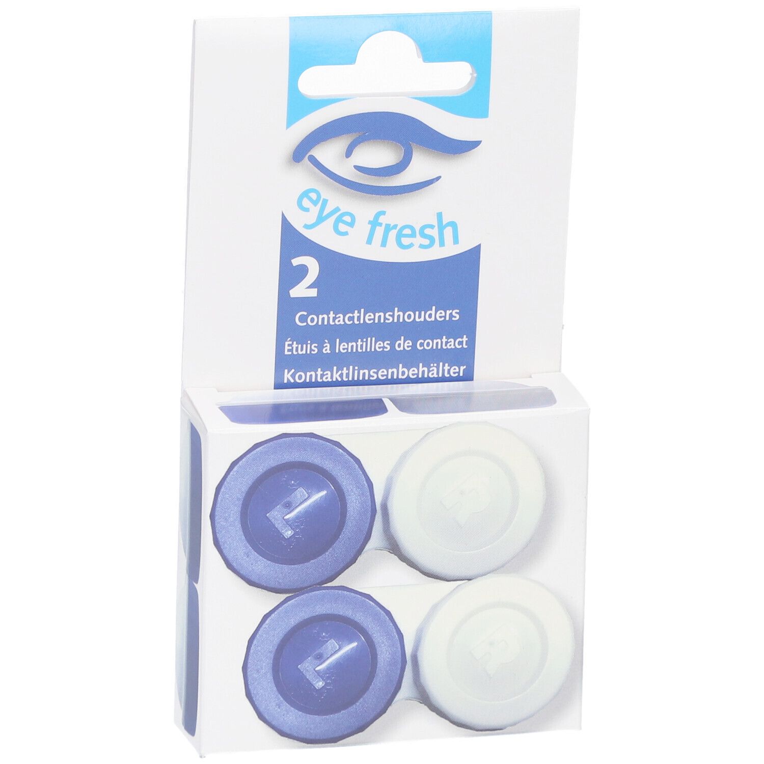Emballage avec deux étuis à lentilles. Étuis bleus et blancs visibles. Logo eye fresh.