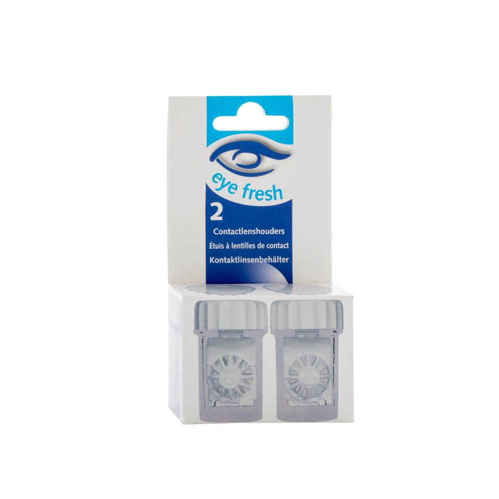 Contactlenshouder duo. Twee transparante houders met deksels in een verpakking met logo en productnaam.