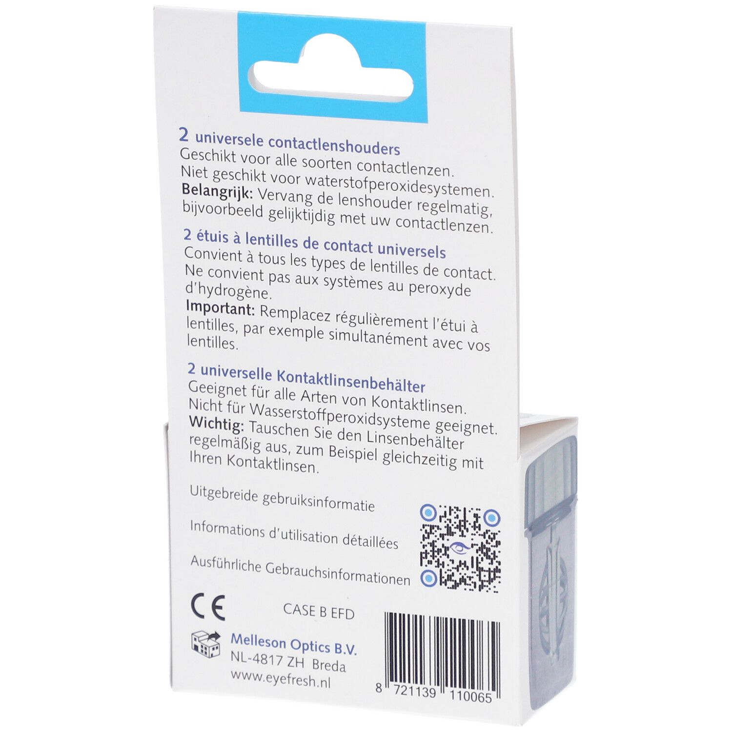 Achterkant van de verpakking. Tekst: 2 universele contactlenshouders. Informatie in het Duits, Frans, Nederlands. CE-markering.