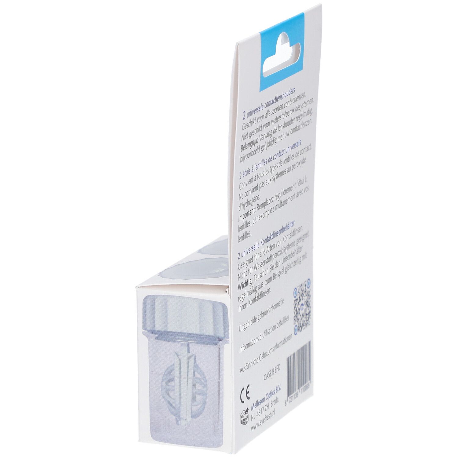 Achterkant van de verpakking. Tekst: 2 universele contactlenshouders. Informatie in het Duits, Frans, Nederlands. CE-markering.