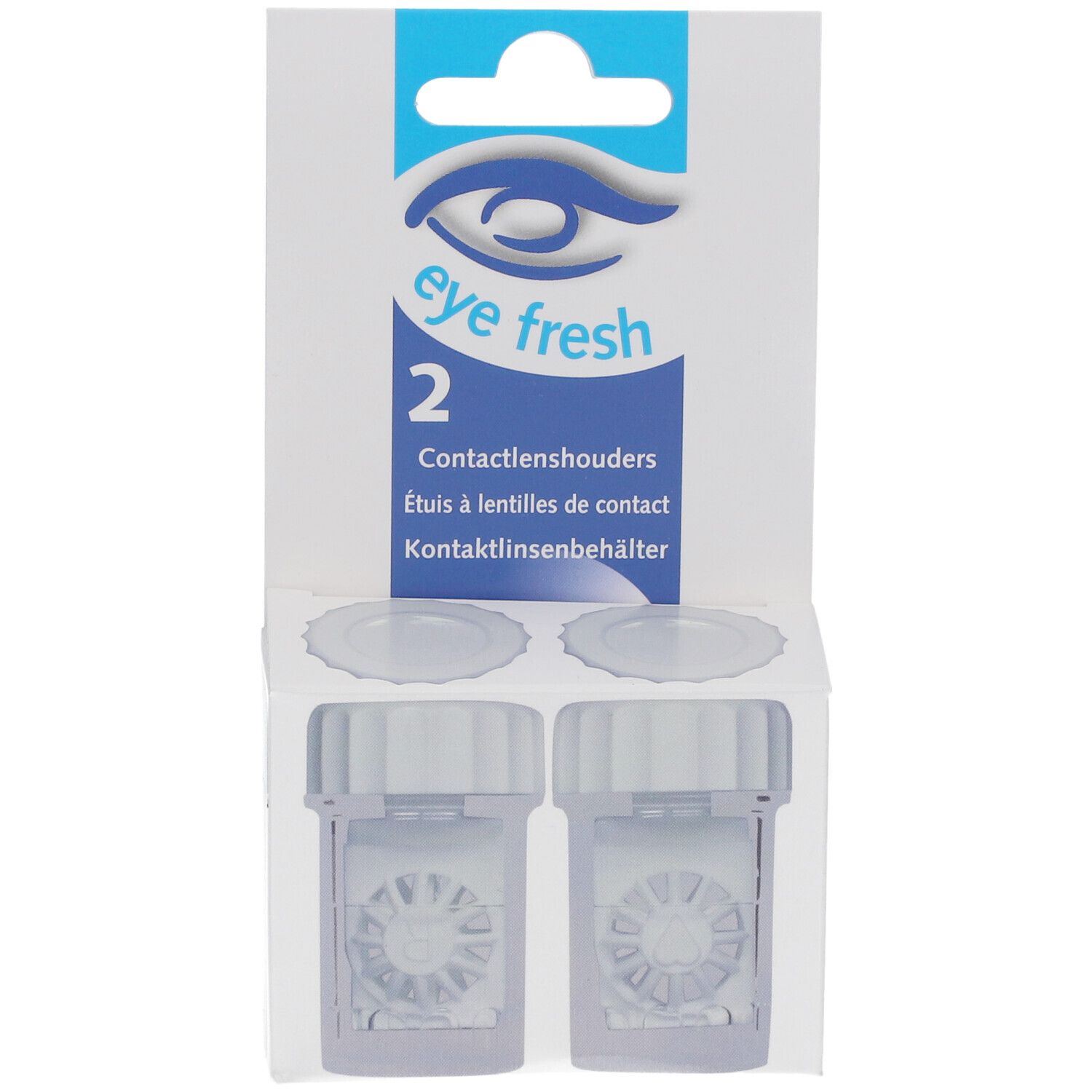 Twee contactlenshouders in verpakking. Merk: eye fresh. Transparante, vierkante houders met deksels.