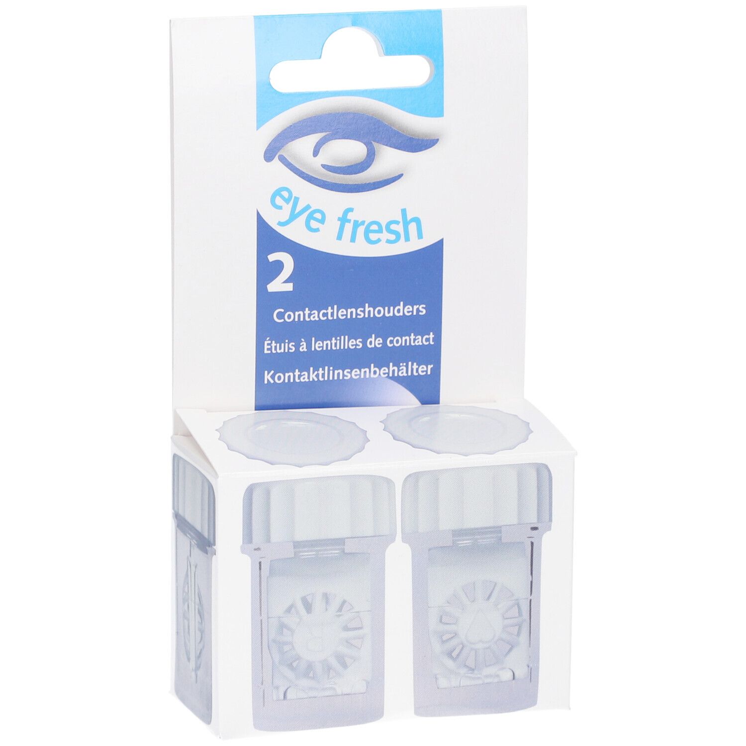 Twee contactlenshouders in verpakking. Merk: eye fresh. Transparante, vierkante houders met deksels.