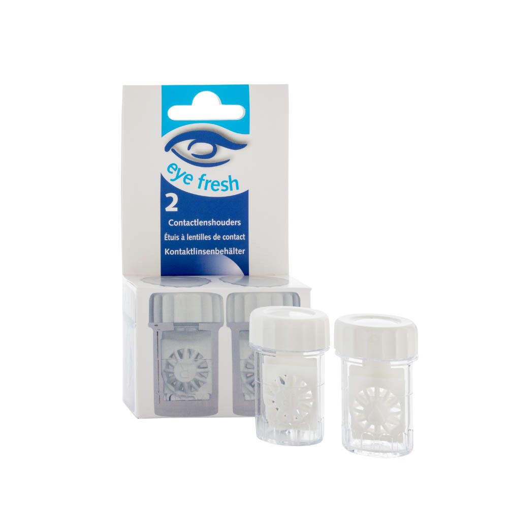 Contactlenshouder duo. Twee transparante houders met deksels in een verpakking met logo en productnaam.