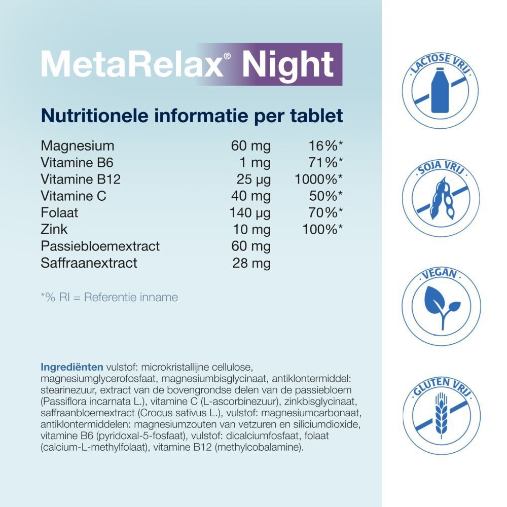 MetaRelax Night. Voedingswaarde per tablet. Bevat magnesium, vitaminen, zink, passiebloem, saffraan.