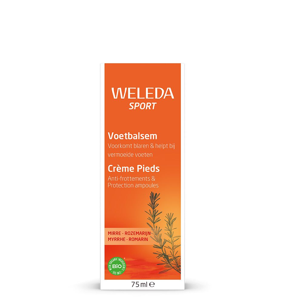 Oranje doos. Bevat Weleda Sport Foot Balm. Tekst: Foot Balm, Crème Pieds, Bio-label, 75ml.
