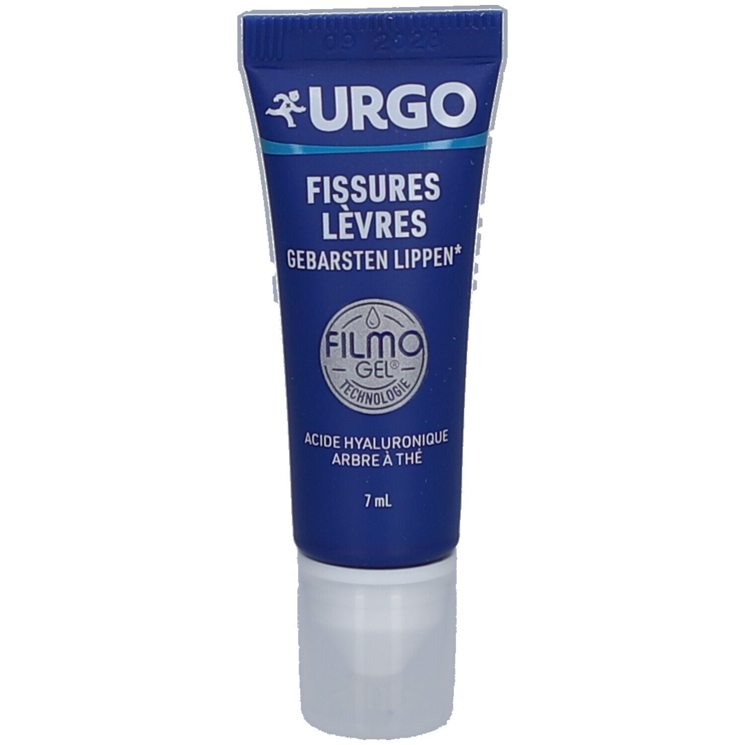 Blauwe tube met witte dop. Opschrift: URGO, Fissures Lèvres, Filmogel Technologie, 7 ml.