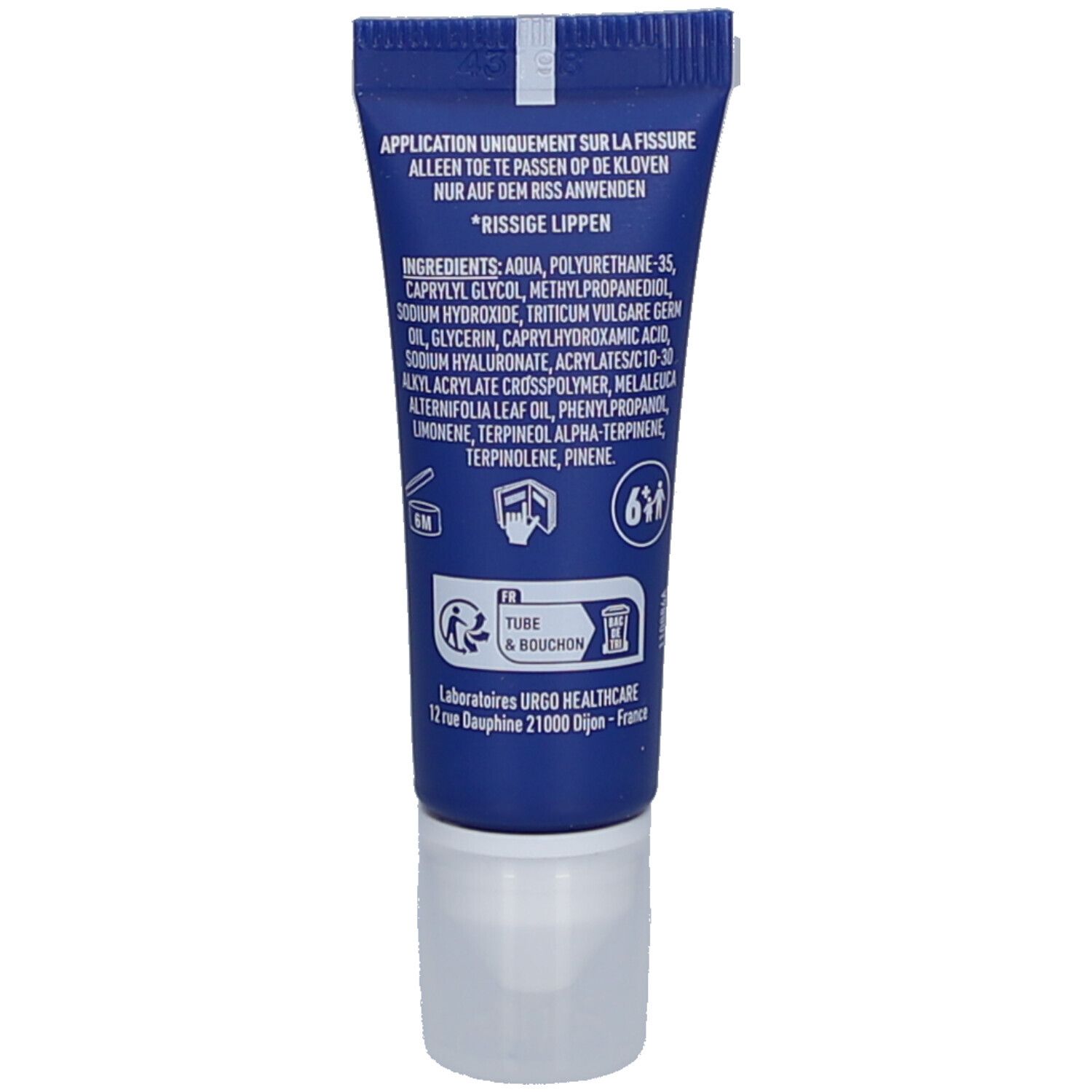 Achterkant van de blauwe tube. Tekst: Alleen aanbrengen op de kloven. Ingrediënten. Pictogrammen.