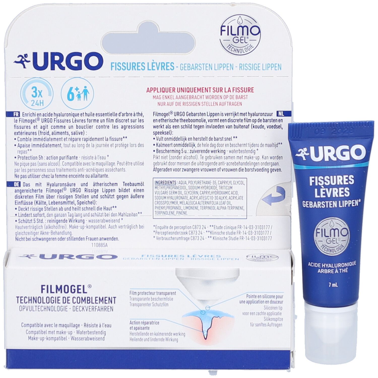 Productverpakking met tube. Opschrift: URGO, Fissures Lèvres, Filmogel Technologie. Productafbeelding.