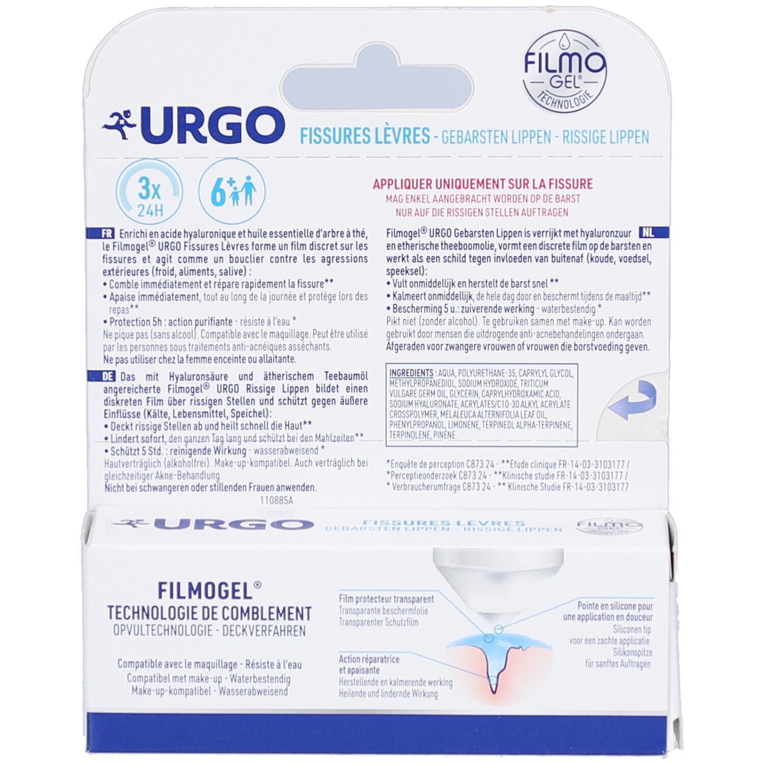Productverpakking met tube. Opschrift: URGO, Fissures Lèvres, Filmogel Technologie. Productafbeelding.