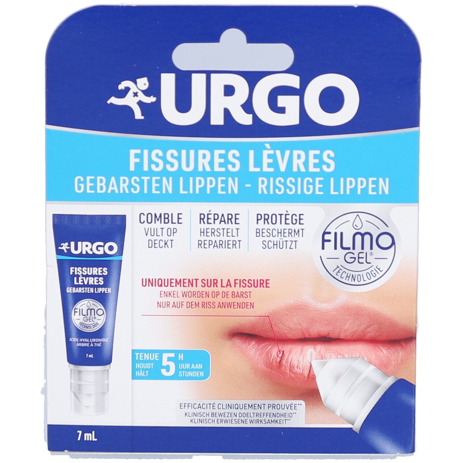 Productverpakking met tube. Opschrift: URGO, Fissures Lèvres, Filmogel Technologie. Productafbeelding.