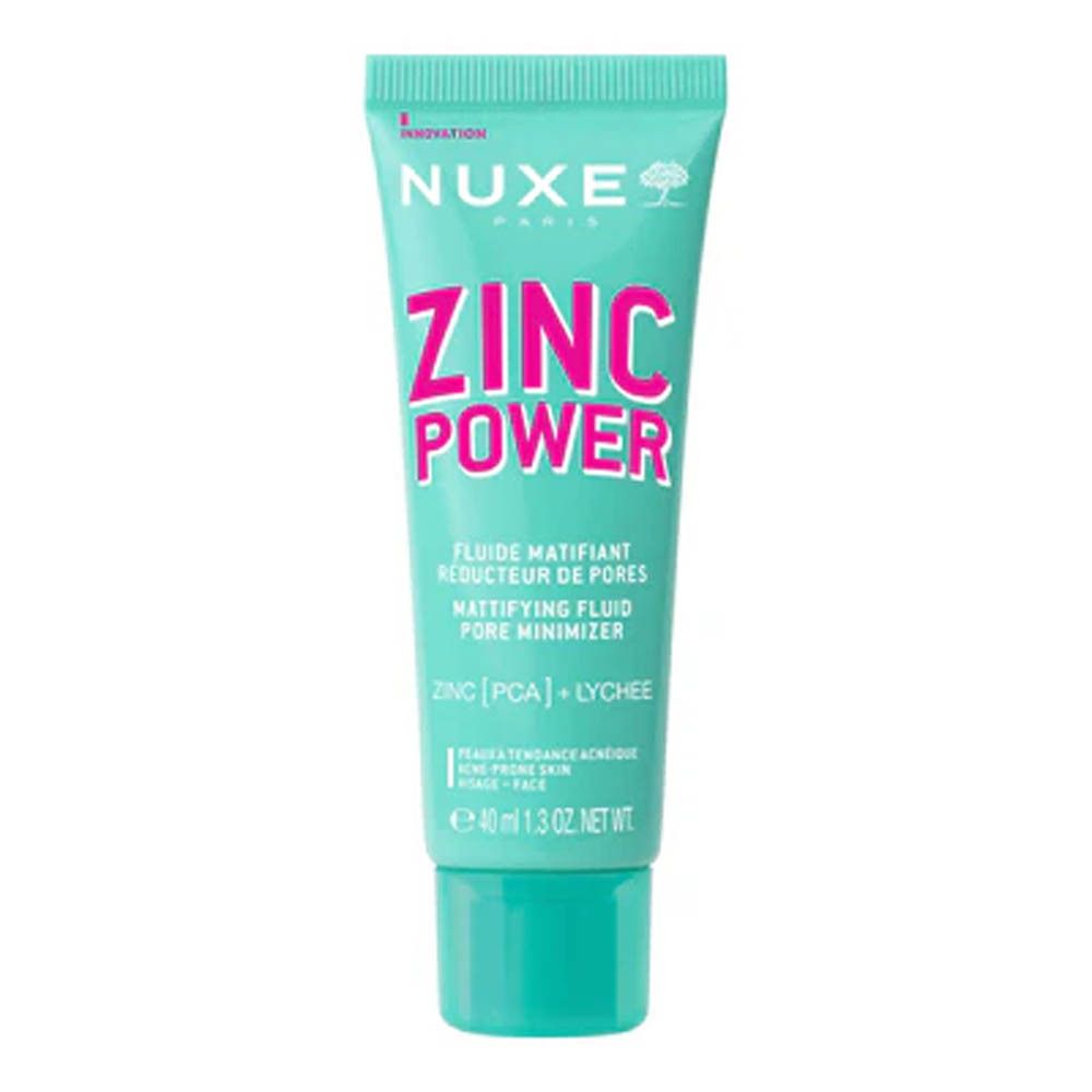 Turquoise tube met roze tekst ZINC POWER. Bevat Fluide Matifiant Reducteur De Pores. Merk Nuxe.
