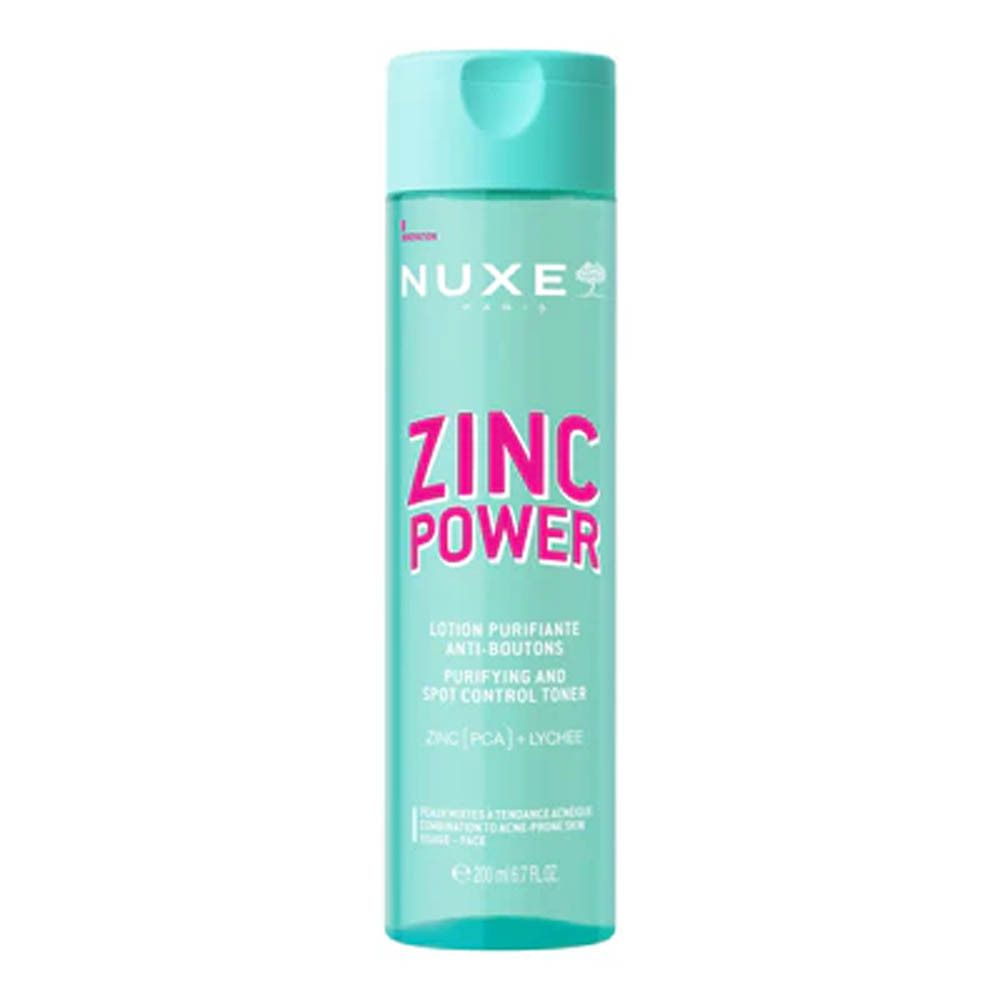 Turquoise fles met witte dop. Opschrift: NUXE, ZINC POWER, Lotion Purifiante Anti-Boutons. Bevat zink en lychee.