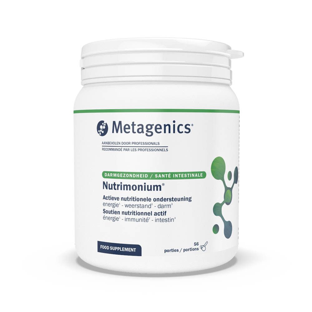 Witte pot met schroefdop. Opschrift: Metagenics. Productnaam: Nutrimonium. Tekst: Darmgezondheid.