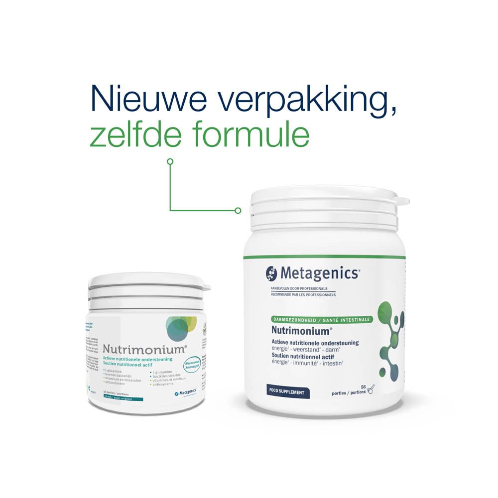 Twee witte supplementpotten. Kleine en grote pot. Opschrift: Nutrimonium. Tekst: Nieuwe verpakking, zelfde formule.
