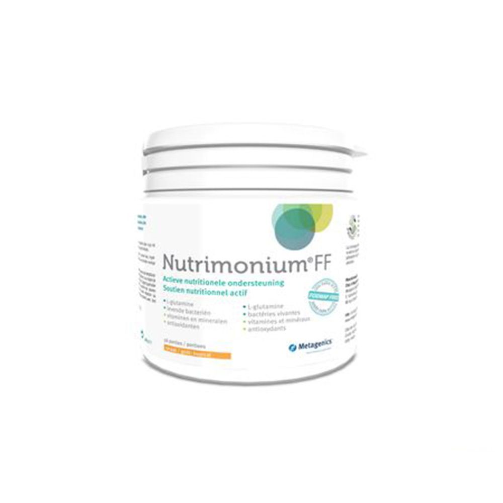 Witte supplementenpot met deksel. Opschrift: Nutrimonium FF. Tekst in meerdere talen.
