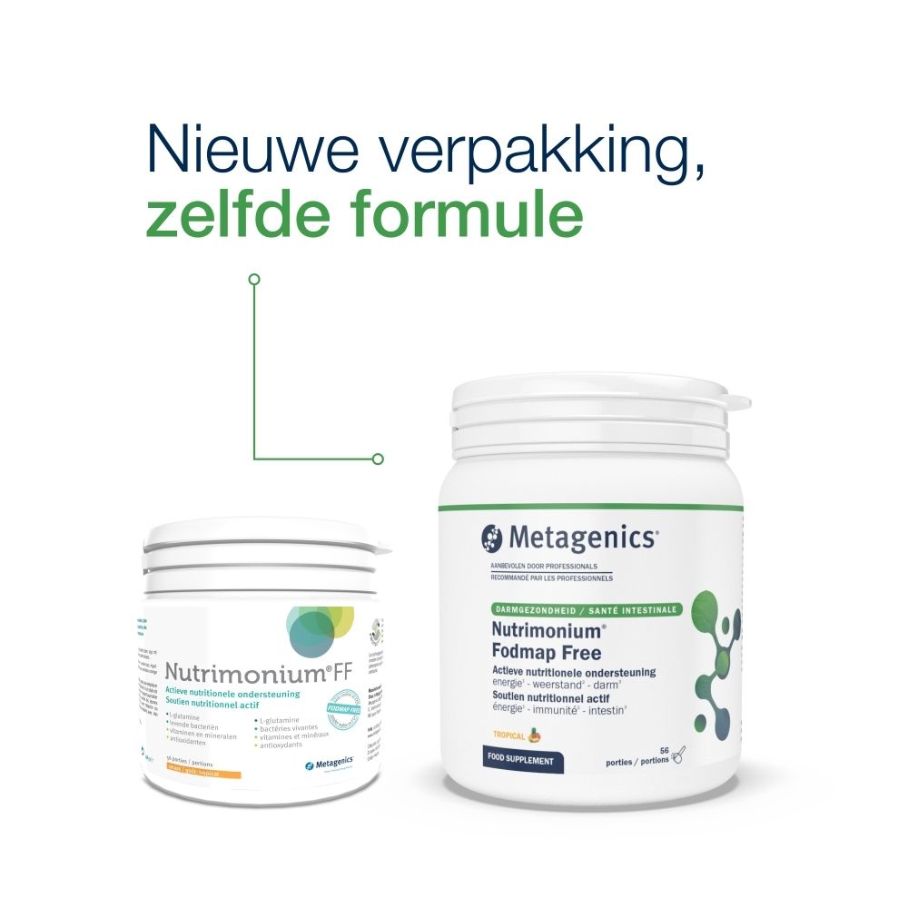 Twee witte, cilindrische producten. Opschrift: Nutrimonium FF en Metagenics Fodmap Free. Logo Metagenics.