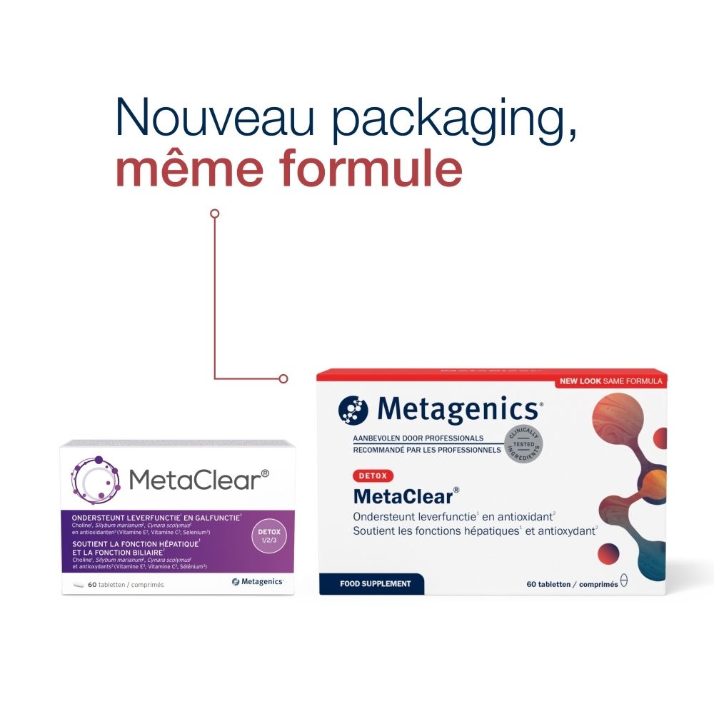 Comparaison de deux emballages. Gauche : MetaClear. Droite : Nouvel emballage. Texte : Nouveau packaging, même formule.