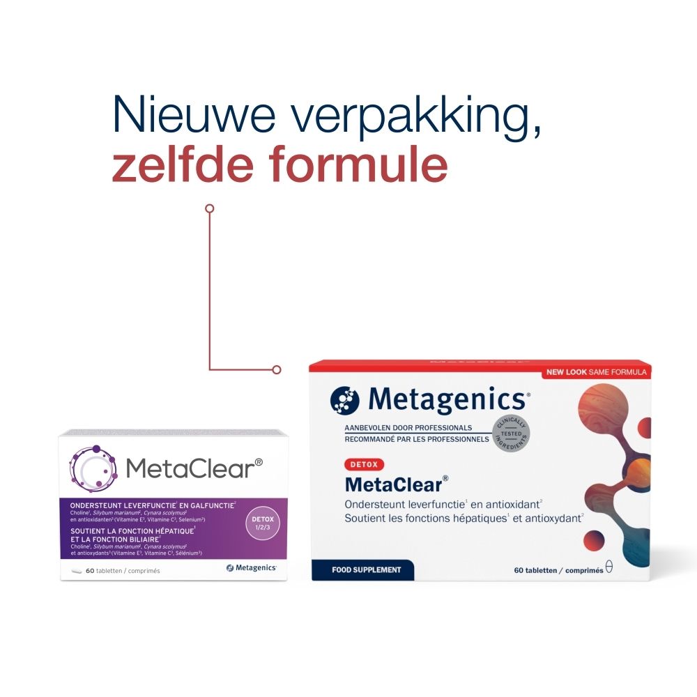 Vergelijking van twee verpakkingen. Links: MetaClear. Rechts: Nieuwe verpakking. Tekst: Nieuwe verpakking, zelfde formule.
