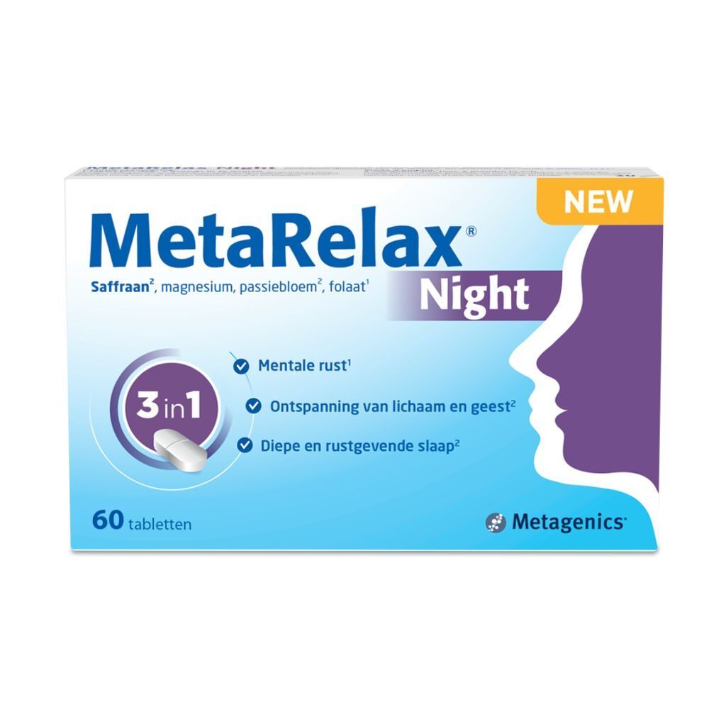 MetaRelax Night verpakking. 60 tabletten. Met saffraan, magnesium, passiebloem en folaat. 3-in-1 formule.