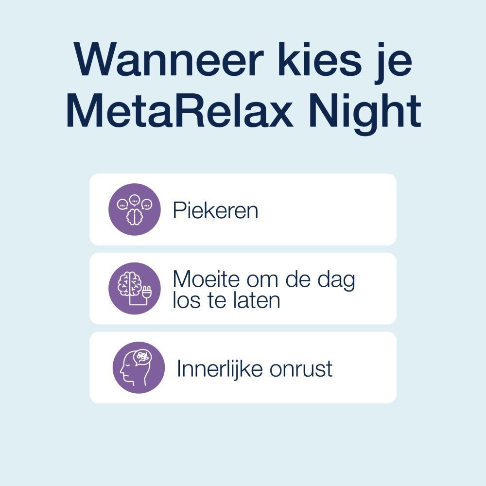 MetaRelax Night. Wanneer kies je: piekeren, moeite om de dag los te laten, innerlijke onrust.