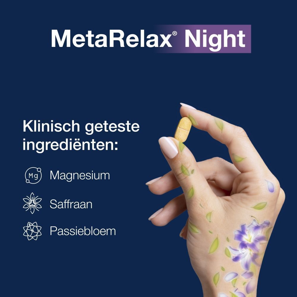 MetaRelax Night. Klinisch geteste ingrediënten: magnesium, saffraan, passiebloem. Hand met tablet.