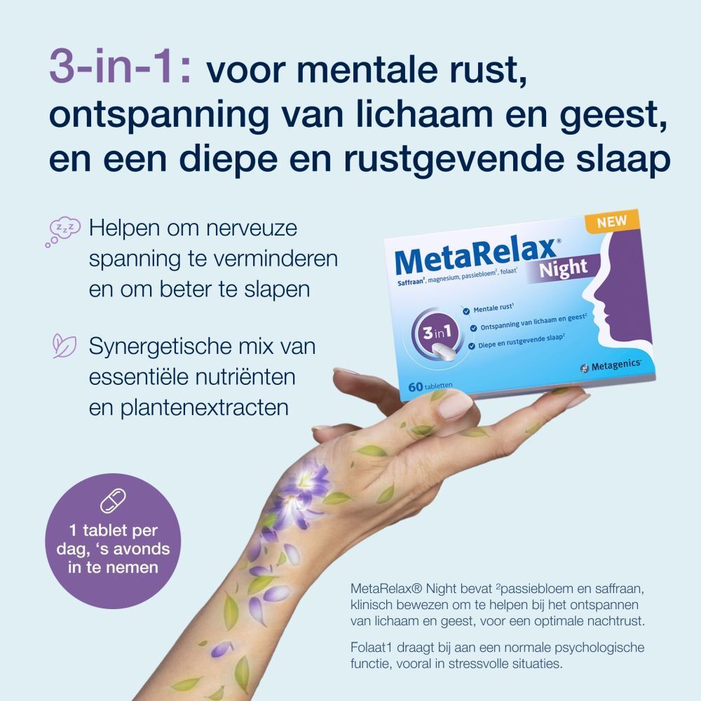 MetaRelax Night. 3-in-1 formule. Verpakking en hand met bloemen. Tekst in het Nederlands.