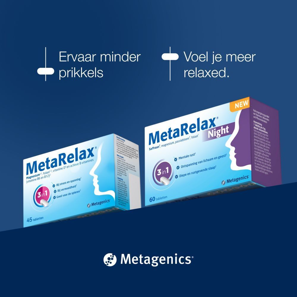 MetaRelax Night verpakkingen. Verminder prikkels, voel je meer relaxed. Tekst in het Nederlands.