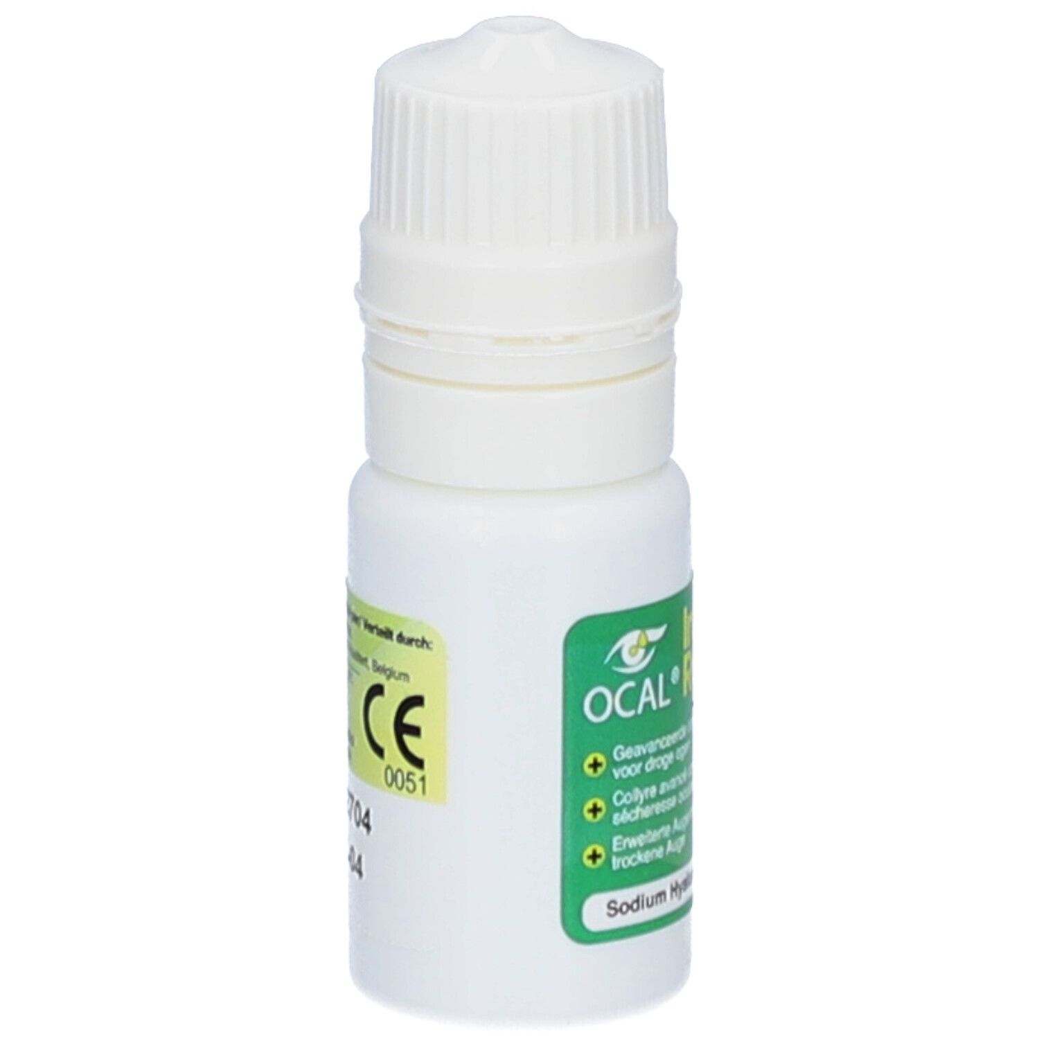 Flacon de gouttes ophtalmiques avec bouchon blanc et étiquette verte. Inscription: OCAL, marquage CE, Sodium Hyaluronate 0,4%.