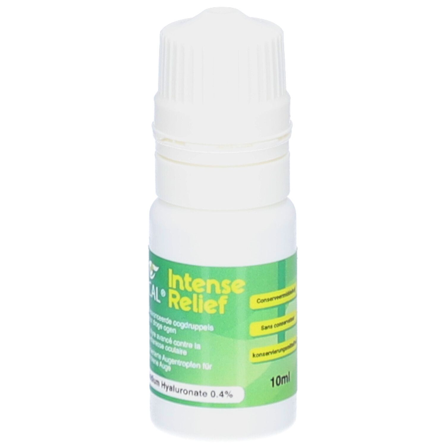 Flacon de gouttes ophtalmiques avec bouchon blanc et étiquette verte. Inscription: OCAL Intense Relief, 10ml, Sodium Hyaluronate 0,4%.
