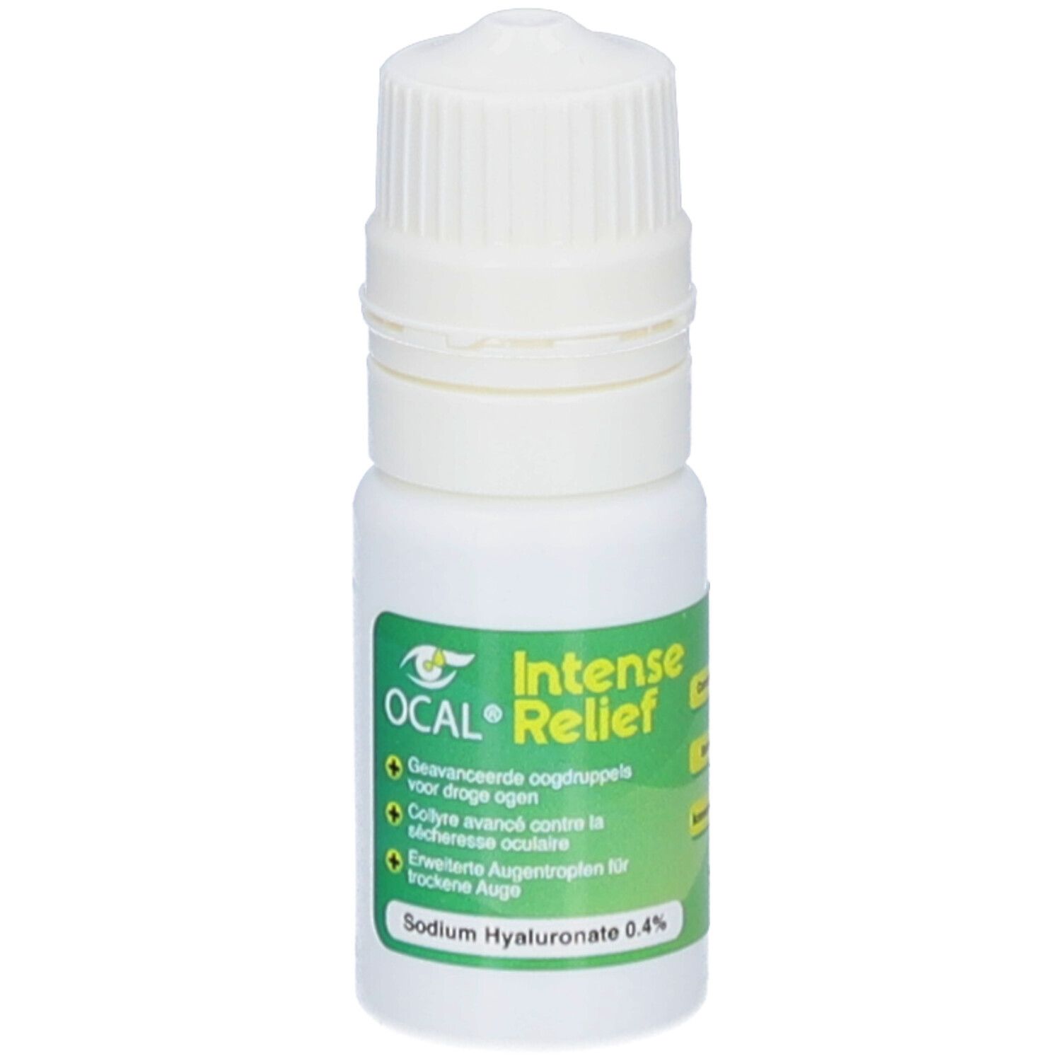 Flacon de gouttes ophtalmiques avec bouchon blanc et étiquette verte. Inscription: OCAL Intense Relief, Sodium Hyaluronate 0,4%, 10ml.