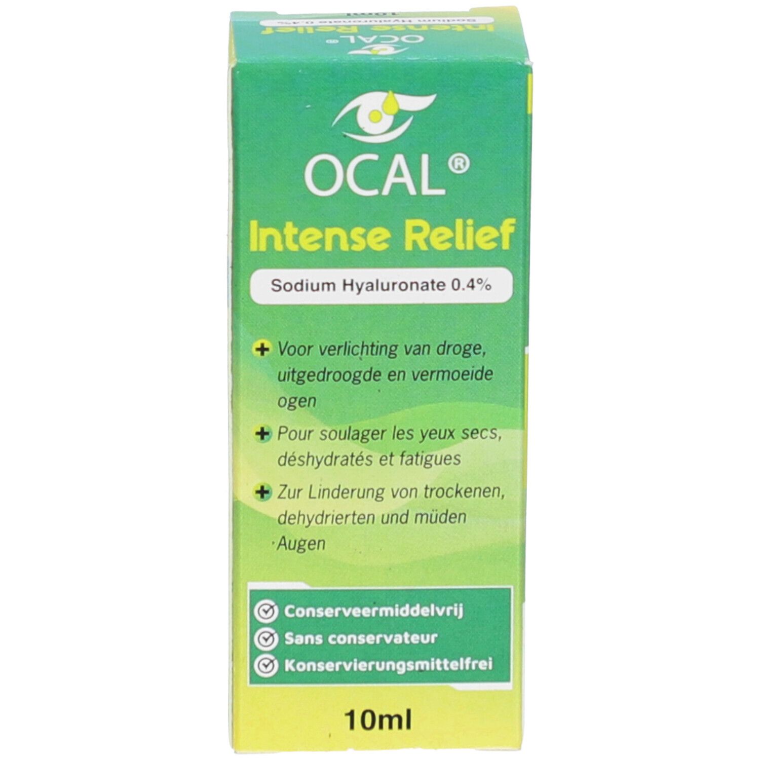 Emballage du produit. Vert, Inscription: OCAL Intense Relief, 10ml, Sodium Hyaluronate 0,4%.