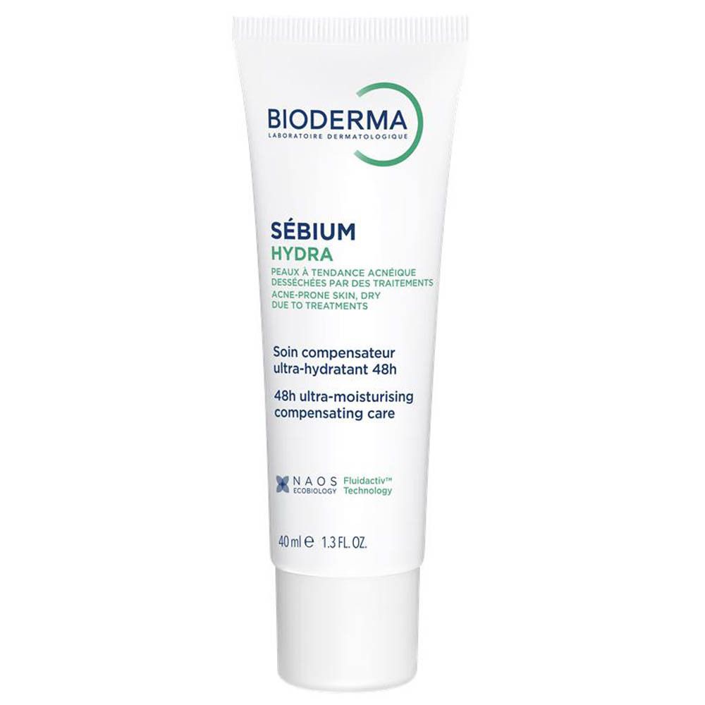 Witte tube met groene opdruk. Bevat Bioderma Sébium Hydra. Tekst: Ultra-hydratant 48h. 40 ml.