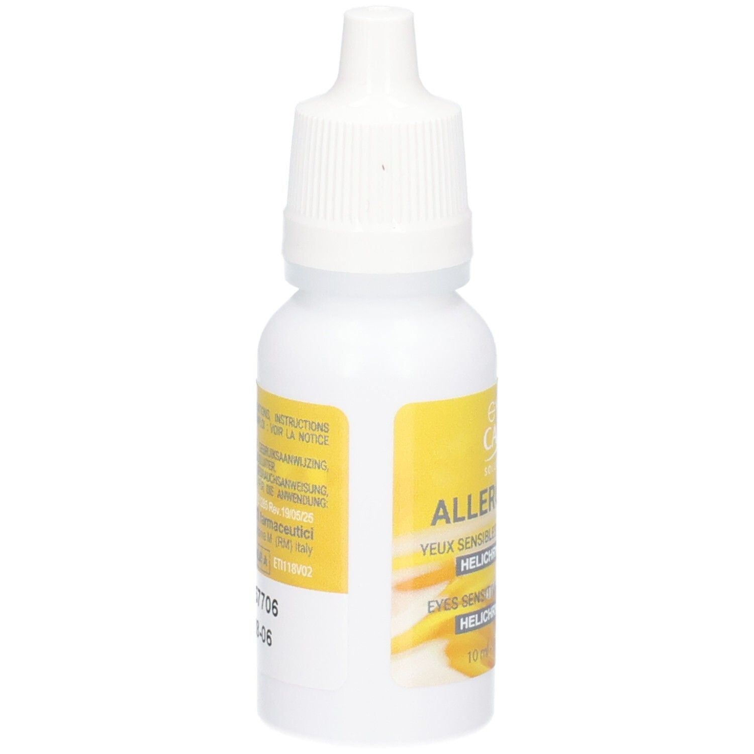 Arrière d'un flacon compte-gouttes blanc avec étiquette jaune, informations imprimées.