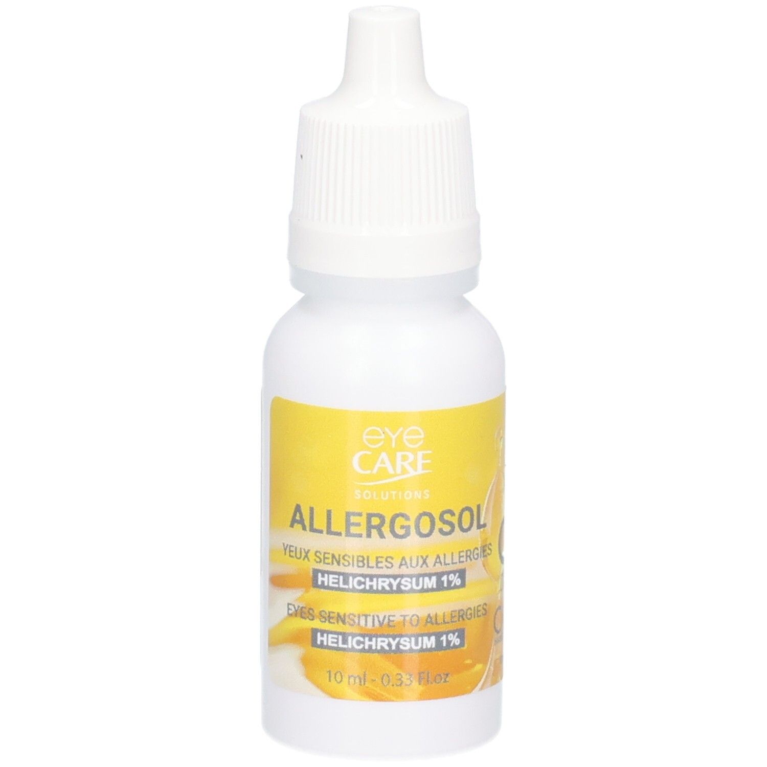 Flacon compte-gouttes blanc avec étiquette jaune, nom du produit Allergosol et Helichrysum 1% visibles.