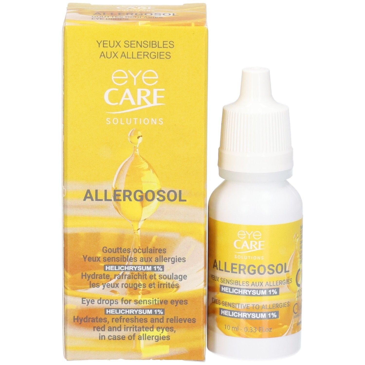 Flacon compte-gouttes blanc avec étiquette jaune, nom du produit Allergosol et Helichrysum 1% visibles.