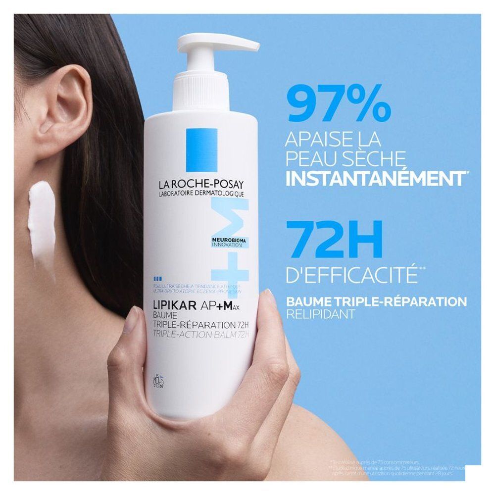 Flacon blanc avec pompe doseuse. Texte : 97% de soulagement instantané, 72H d'efficacité. Marque : La Roche-Posay. Produit : Lipikar AP+M Baume.