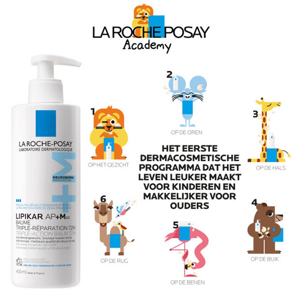 Witte fles met doseerpomp. Tekst: +50% onmiddellijke zachtheid, -67% droogheid na 6 uur. Merk: La Roche-Posay. Product: Lipikar AP+M Baume.