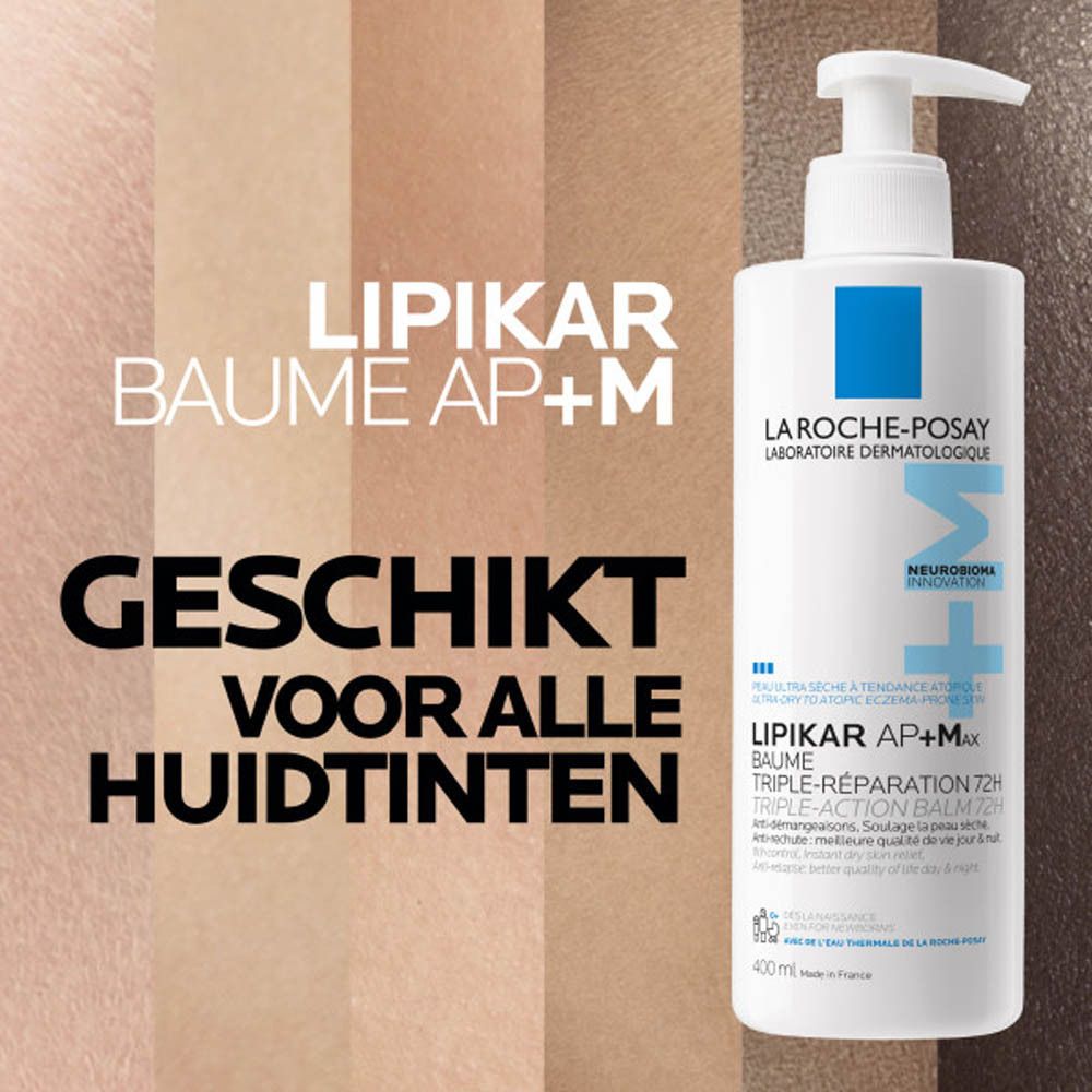 Witte fles met doseerpomp. Illustraties voor kinderen. Merk: La Roche-Posay. Product: Lipikar AP+M Baume.