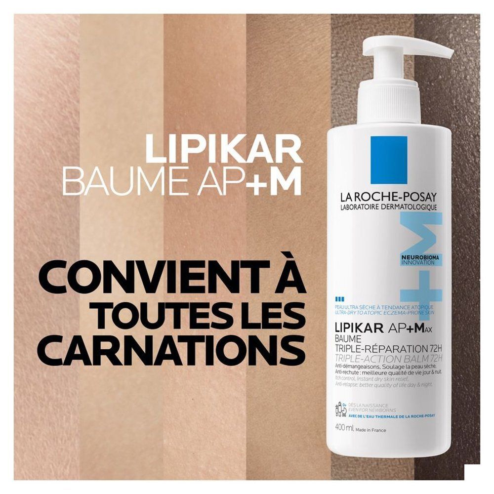Flacon blanc avec pompe doseuse. Texte : Convient à toutes les carnations. Marque : La Roche-Posay. Produit : Lipikar AP+M Baume.