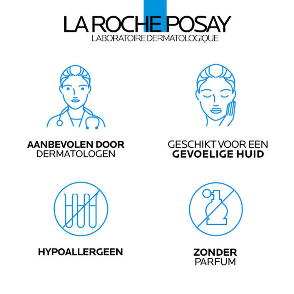 Witte fles met doseerpomp. Tekst: Geschikt voor alle huidtinten. Merk: La Roche-Posay. Product: Lipikar AP+M Baume.