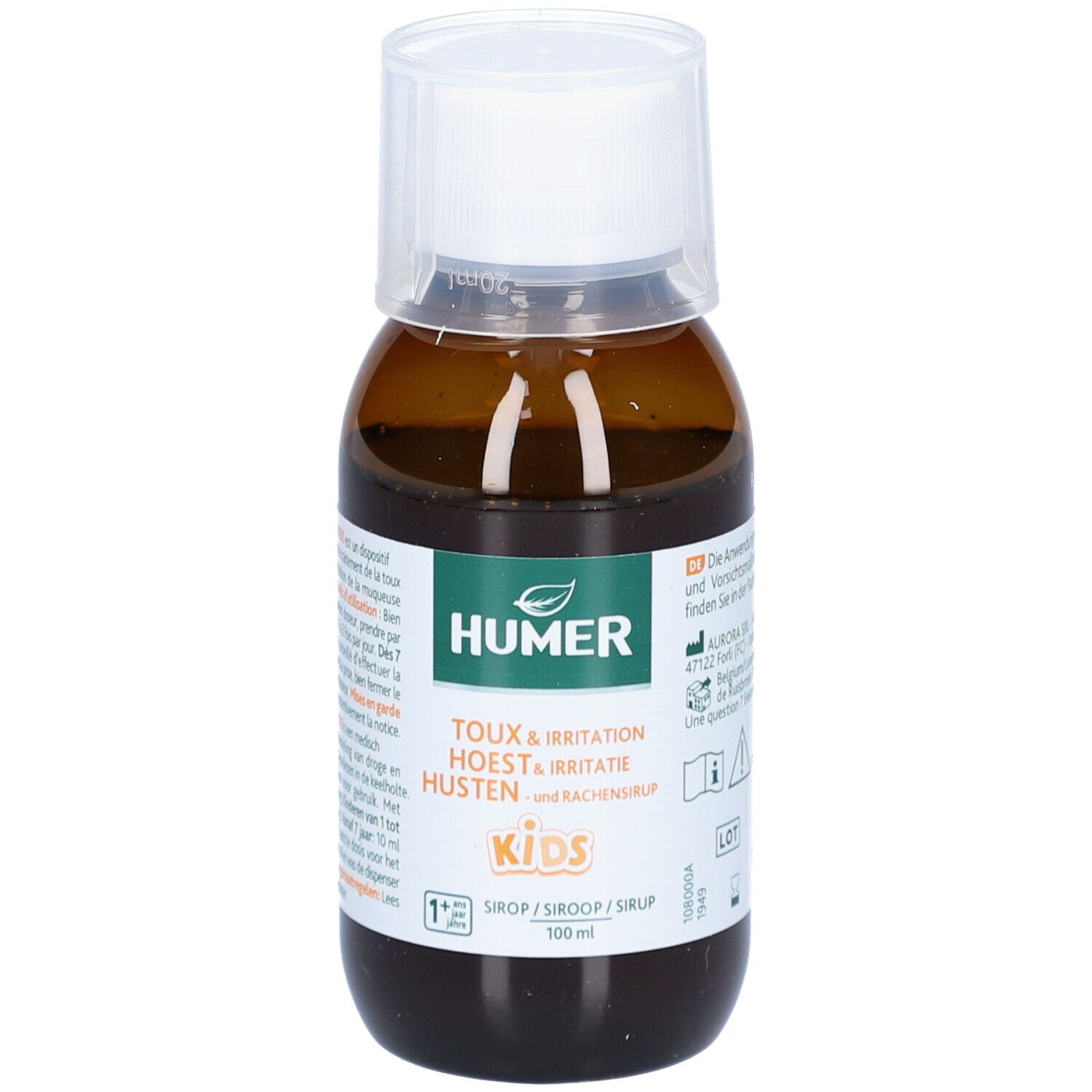 Bruine fles met witte dop. Opschrift HUMER, TOUX & IRRITATION, HUSTEN & RACHENSIRUP, KIDS. Etiket met informatie.
