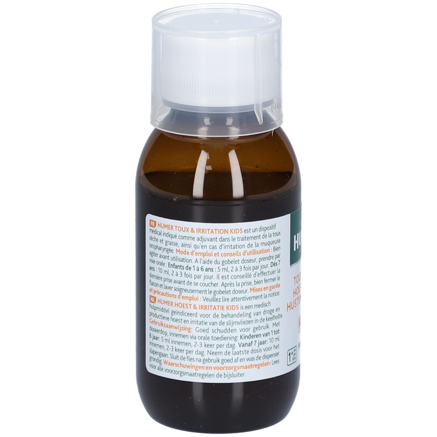 Achterkant van een bruine fles met witte dop. Tekstinformatie op etiket. Productnaam: HUMER TOUX & IRRITATION KIDS.