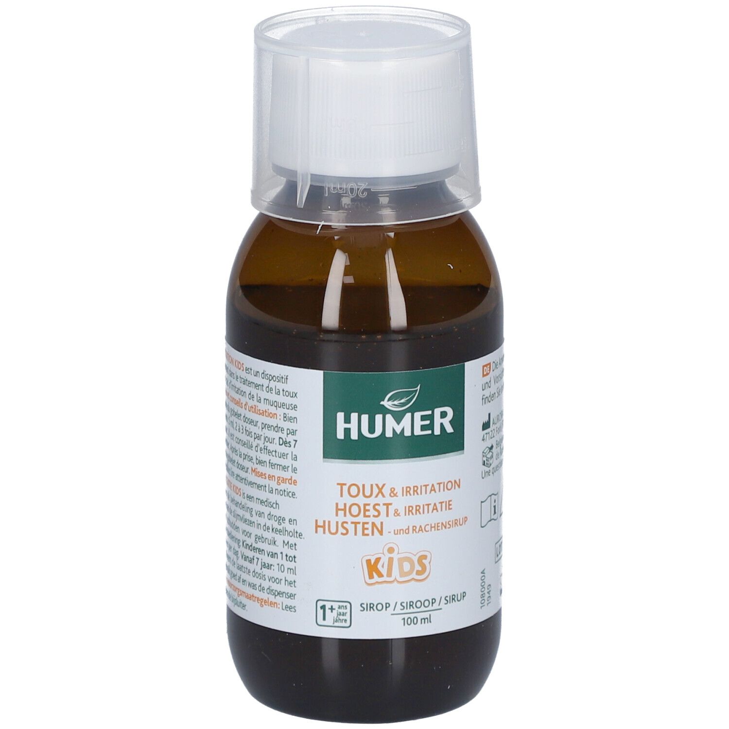 Bruine fles met witte dop. Opschrift HUMER, TOUX & IRRITATION, HUSTEN & RACHENSIRUP, KIDS. Etiket met informatie.