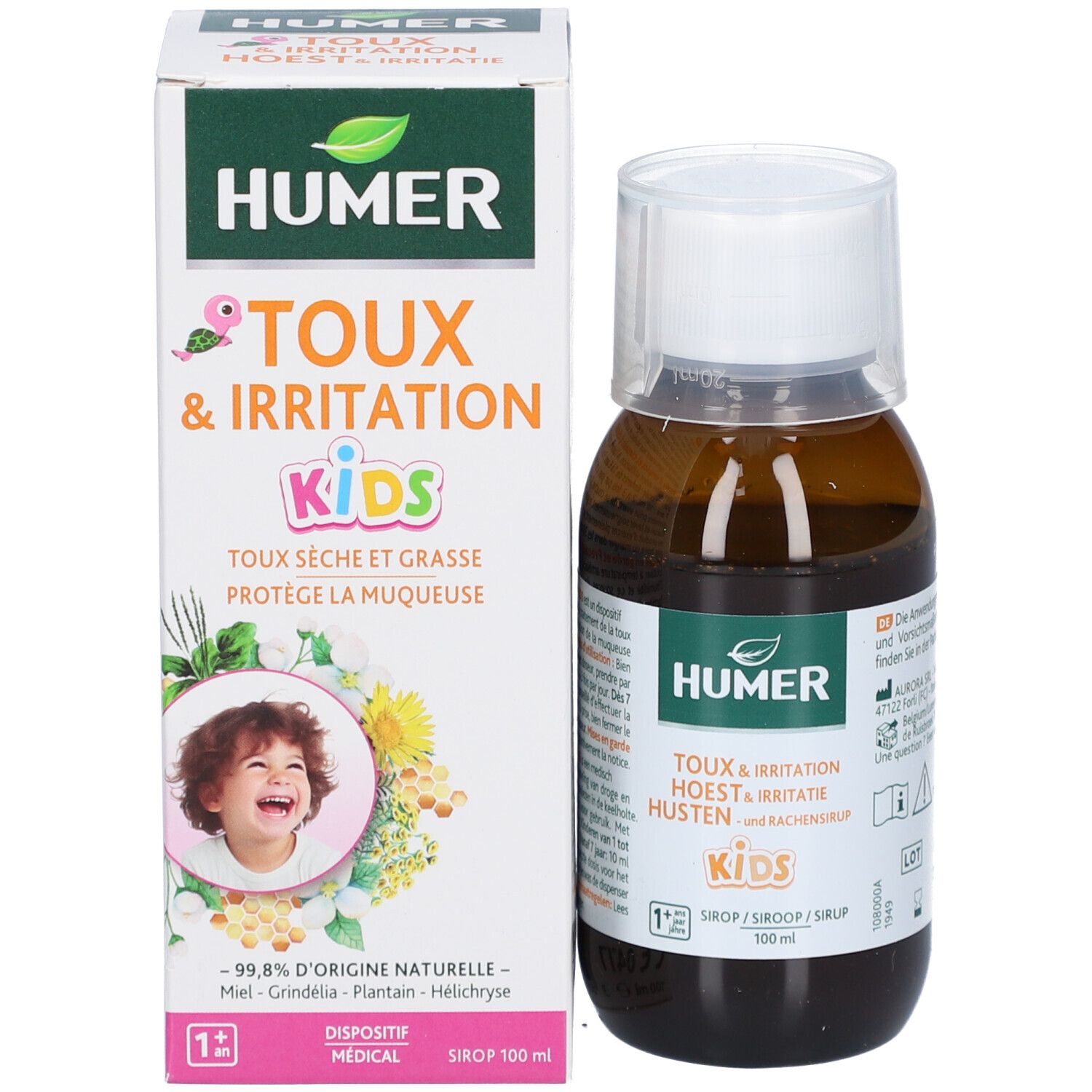 Productverpakking en fles. Verpakking met HUMER-logo, TOUX & IRRITATION KIDS. Fles met witte dop.